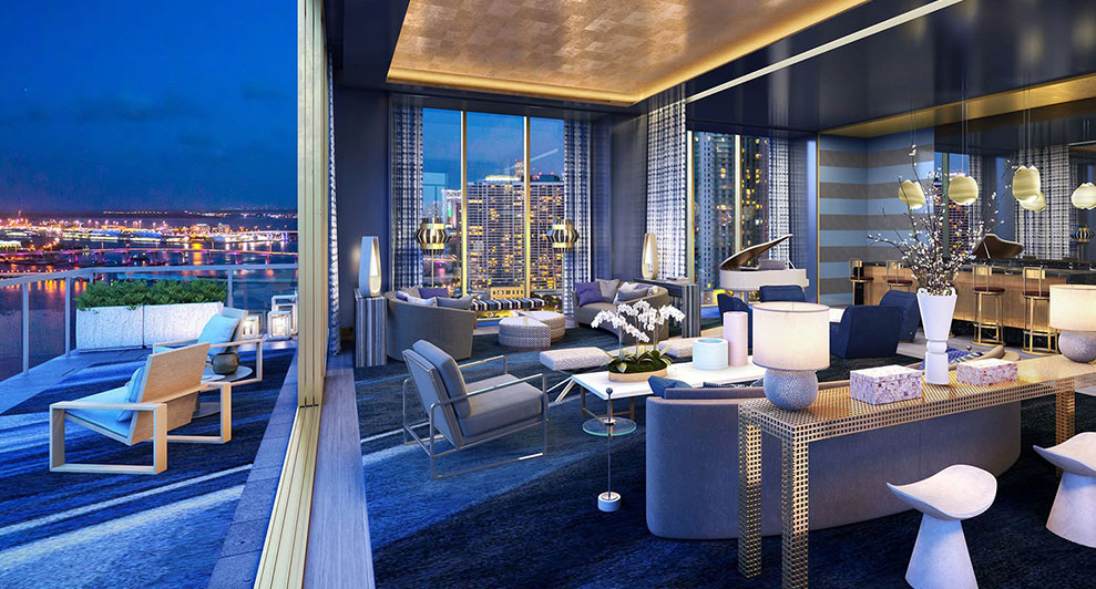 Elysee, New Luxury Boutique Tower in Edgewater Miami -  Livingroom at Nihgt