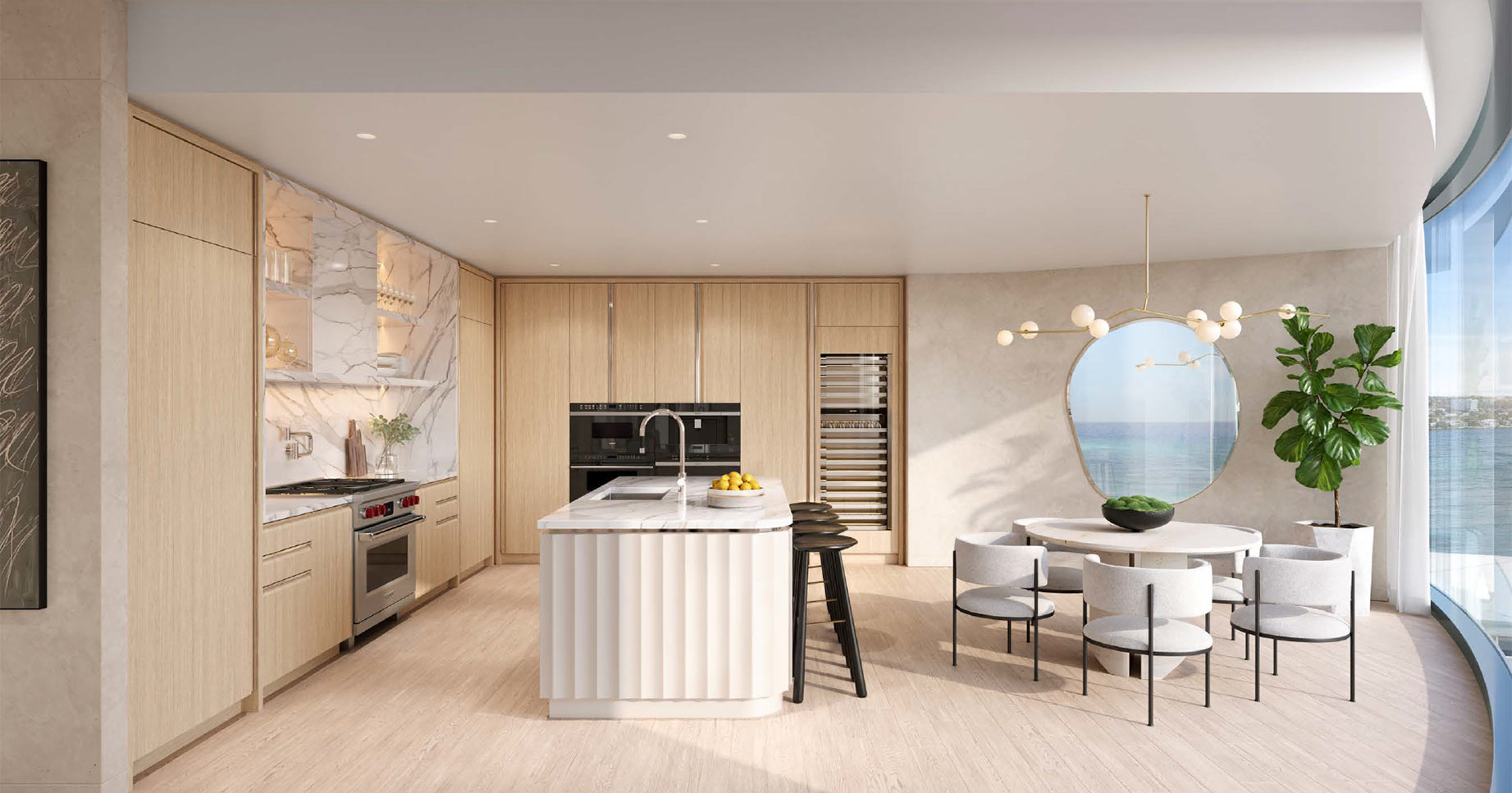 Rivage Bal Residences A & B Kitchen in air palette with wood flooring