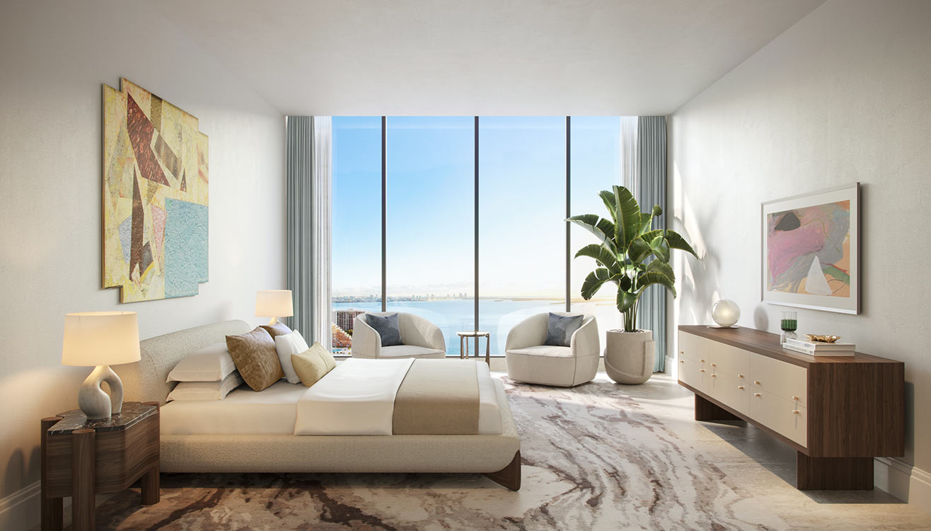 St. Regis Miami Residence Bedroom, St Regis Residences na Brickell Miami, 149 residências com serviços de hotelaria boutique, 2 a 7 dormitório, luxo e sofisticação em Miami 