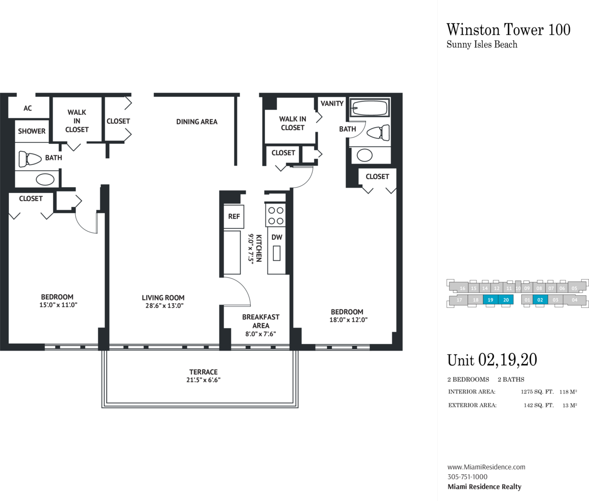 Floorplan for #20 on floors 1,2,3,4,5,6,7,8,9,10,11,12,13,14,15,16,17,18,19, 20,21,22,23 in Winston Tower 100, image size:1198x1020